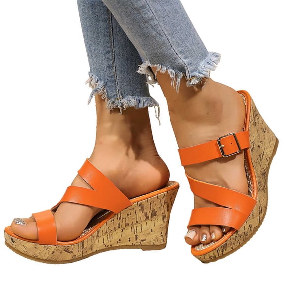 Rokment Cork Wedge Sandals for Woman 2026 Fashion Casual Cross-Strap Open Toe Platform Chunky High Heels Summer Vacation Dress Slip on Slides Orange Size 8.5