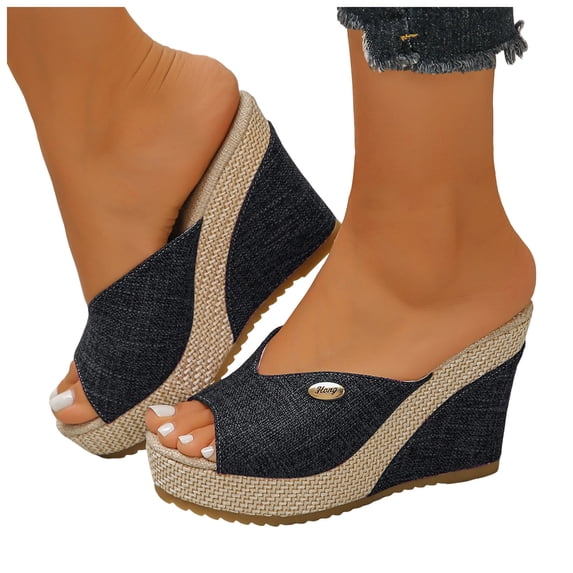 Rokment Cotton Linen Espadrilles Platform Wedge Sandals for Women 2026 Summer Beach Trendy Casual Peep Toe Extra Chunky Heeled Slip on Slides Backless Dressy Slippers Black Size 6.5