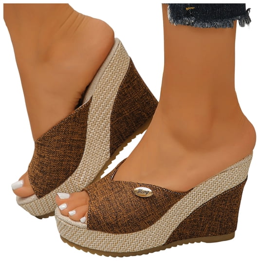 Rokment Cotton Linen Espadrilles Platform Wedge Sandals for Women 2026 Summer Beach Trendy Casual Peep Toe Extra Chunky Heeled Slip on Slides Backless Dressy Slippers Brown Size 7