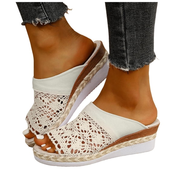 Rokment Crochet Platform Wedge Sandals for Women Boho Beach Summer Fashion Casual Mesh Lace Espadrilles Chunky Heeled Dress Slip on Slides Vacation Walking Shoes Beige Size 6.5