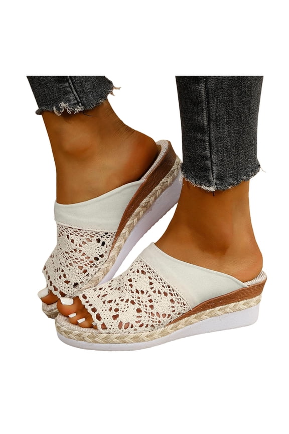 Crochet Platform Wedge Sandals for Women Boho Beach Summer Fashion Casual Mesh Lace Espadrilles Chunky Heeled Dress Slip on Slides Vacation Walking Shoes Beige Size 6.5