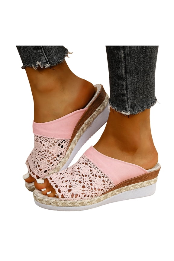Crochet Platform Wedge Sandals for Women Boho Beach Summer Fashion Casual Mesh Lace Espadrilles Chunky Heeled Dress Slip on Slides Vacation Walking Shoes Pink Size 9