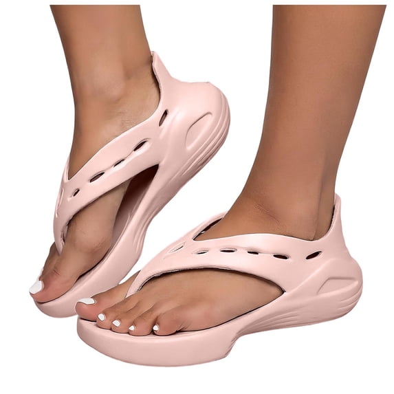 Rokment Cushioned Platform Flip Flops for Women Men EVA Thick Bottom Slip on Thongs with Back Strap Comfortable Orthopedic Arch Support Beach Pool Walking Sandals Pink Size 7.5