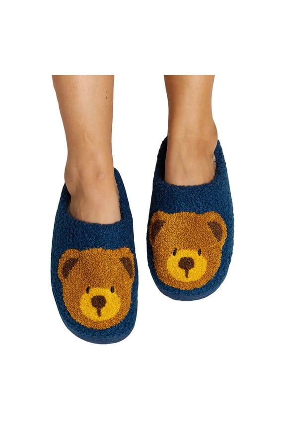 Cute Bear Slippers for Women Christmas Fuzzy Memory Foam Animal House Shoes Cozy Warm Winter Fleece Indoor Bedroom Home Slip on Navy Size 8.5