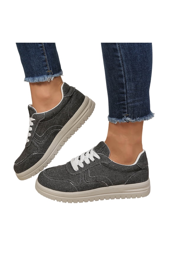 Denim Platform Low Top Fashion Sneakers Walking Shoes for Women 2026 Spring Fall Stylish Casual Canvas Chunky Heeled Skateboarding Tennis Flat Grey Size 6