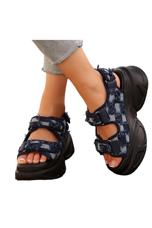 Distressed Plaid Denim Platform Chunky Walking Sandals for Women Stylish Casual Ripped Checkered Canvas Adjustable Ankle Strap Wedge High Heels Dad Sneakers Beach Summer Shoes Blue Size 9