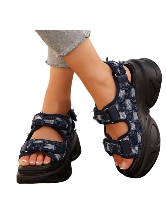 Distressed Plaid Denim Platform Chunky Walking Sandals for Women Stylish Casual Ripped Checkered Canvas Adjustable Ankle Strap Wedge High Heels Dad Sneakers Beach Summer Shoes Blue Size 7.5