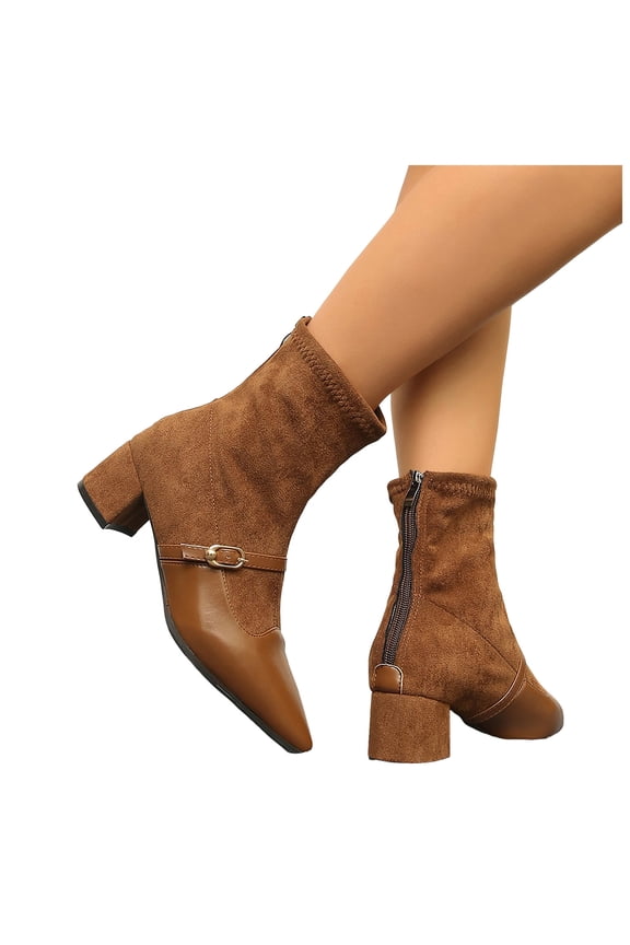 Dress High Heel Boots for Women Ladies 2025 Fashion Leather Suede Patchwork Pointed Toe Mid Calf Dressy Ankle Booties with Back Zipper Winter Fall Brown Size 8