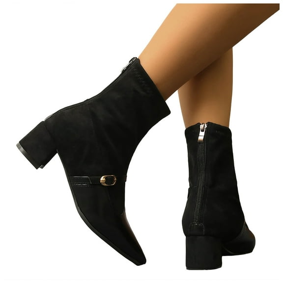 Rokment Dress High Heel Boots for Women Ladies 2025 Fashion Leather Suede Patchwork Pointed Toe Mid Calf Dressy Ankle Booties with Back Zipper Winter Fall Black Size 7.5