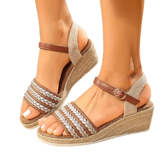 Rokment Espadrille Wedge Dress Sandals for Women 2026 Boho Beach Fahion Casual Braided Open Toe Platform Strappy Summer Shoes Brown Size 6