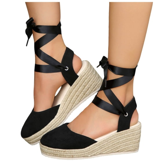 Rokment Espadrilles Platform Dressy Shoes for Women Bride Wedding Summer Fall Elegant Casual Leather Pointed Closed Toe Wedge Heeled Satin Strappy Sandals Black Size 6