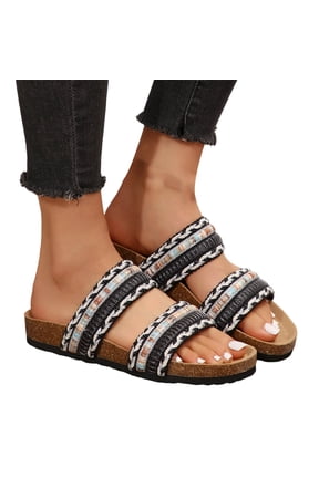 Ethletic Cork Footbed Slides Sandals for Women 2026 Boho Beach Summer Wide Feet Handmade Woven Fringe Orthopedic Platform Wedge Walking Slip on Dress Flat Black Size 7.5