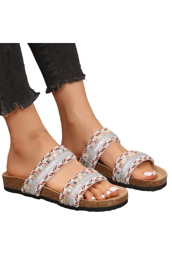 Ethletic Cork Footbed Slides Sandals for Women 2026 Boho Beach Summer Wide Feet Handmade Woven Fringe Orthopedic Platform Wedge Walking Slip on Dress Flat Silver Size 8.5