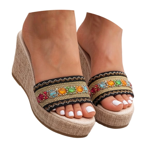 Rokment Ethnic Platform Wedge Slides Sandals for Women Bohemian Beach Casual Leopard Slip on Chunky Heels Open Back Dress Slippers Black Size 5.5
