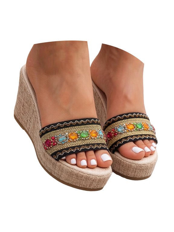 Ethnic Platform Wedge Slides Sandals for Women Bohemian Beach Casual Leopard Slip on Chunky Heels Open Back Dress Slippers Black Size 5.5
