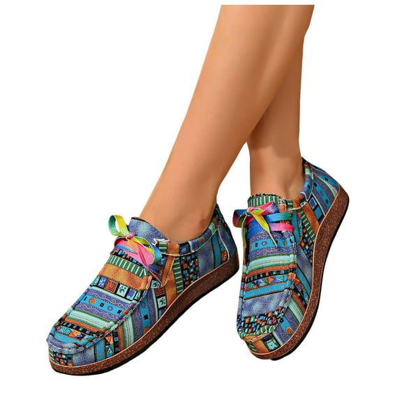 Rokment Ethnic Wide Width Mary Jane Flat Walking Shoes for Women 2026 Spring Fall Beach Arch Support Comfortable Orthopedic Loafers Casual Canvas Fashion Sneakers Blue Size 9