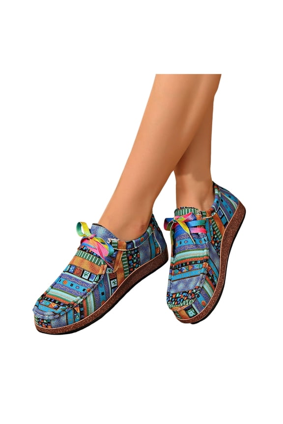 Ethnic Wide Width Mary Jane Flat Walking Shoes for Women 2026 Spring Fall Beach Arch Support Comfortable Orthopedic Loafers Casual Canvas Fashion Sneakers Blue Size 6.5