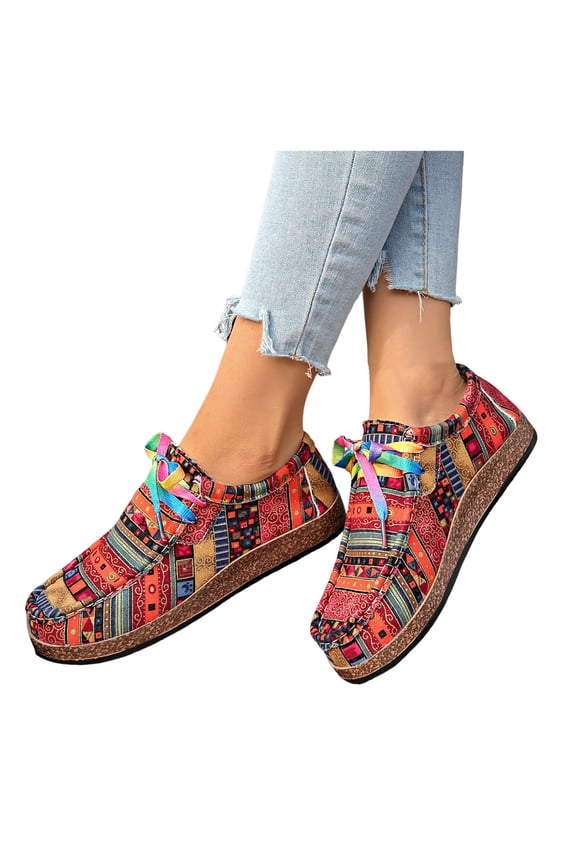 Ethnic Wide Width Mary Jane Flat Walking Shoes for Women 2026 Spring Fall Beach Arch Support Comfortable Orthopedic Loafers Casual Canvas Fashion Sneakers Red Size 6.5