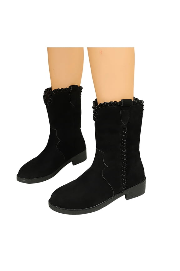 Fall Winter Vintage Mid Calf Boots for Women Suede Chunky Low Heel Wide Calf Cowboy Riding Tall Boots
