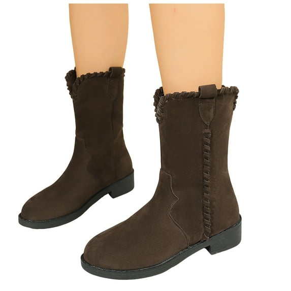 Rokment Fall Winter Vintage Mid Calf Boots for Women Suede Chunky Low Heel Wide Calf Cowboy Riding Tall Boots
