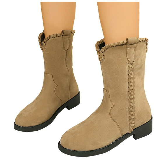 Rokment Fall Winter Vintage Mid Calf Boots for Women Suede Chunky Low Heel Wide Calf Cowboy Riding Tall Boots