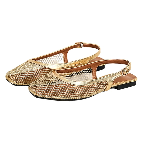 Rokment Fishnet Mules Flat Dressy Sandals for Women Fashion Casual Leopard Mesh Square Closed Toe Low Heels Slingback Walking Loafers Summer Shoes 2026 Gold Size 6