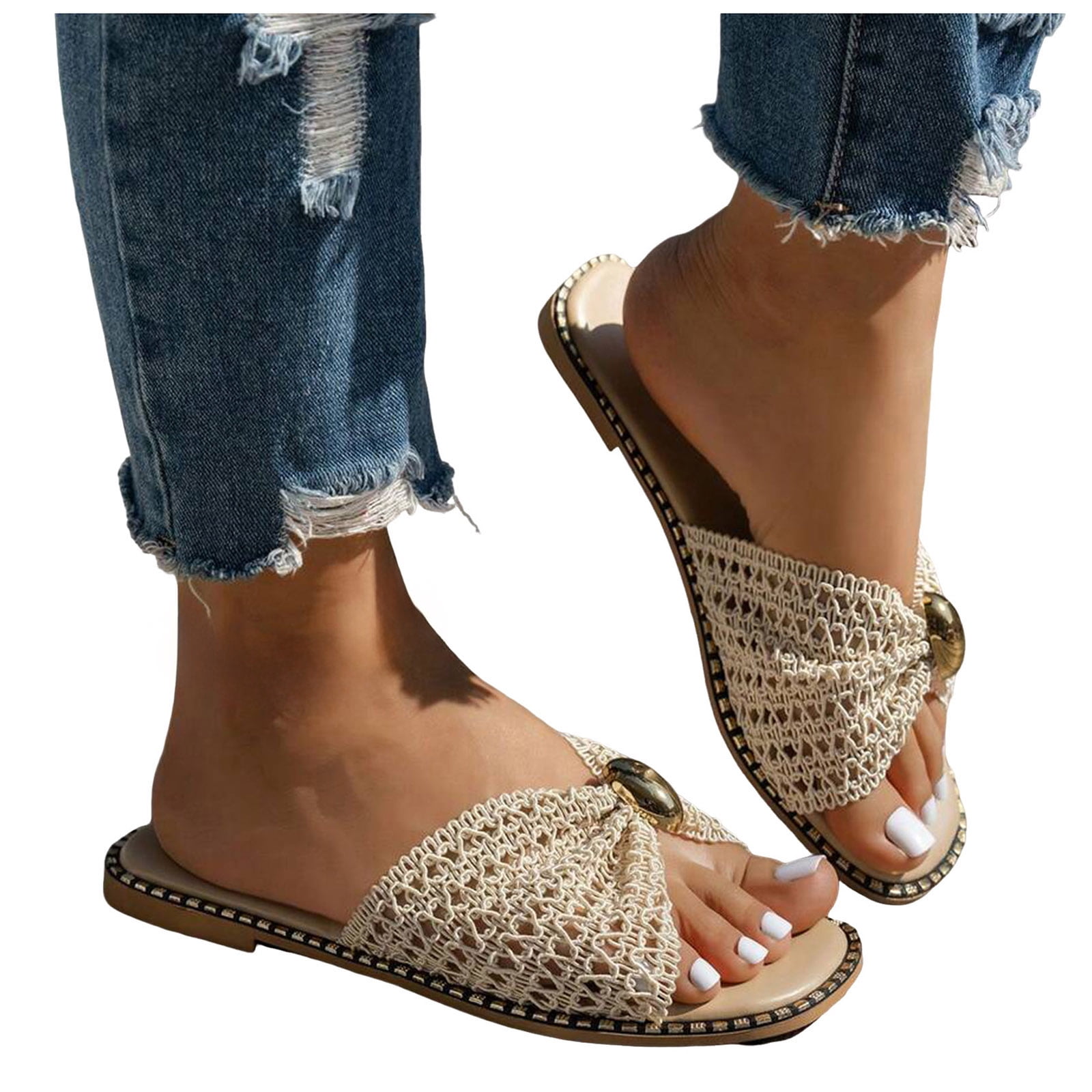 Rokment Flat Slip on Slides Sandals for Women Ladies 2026 Trendy Casual Bow Crochet Open Tow Low Heels Mules Summer Dress Slippers Vacation Beige Size 6