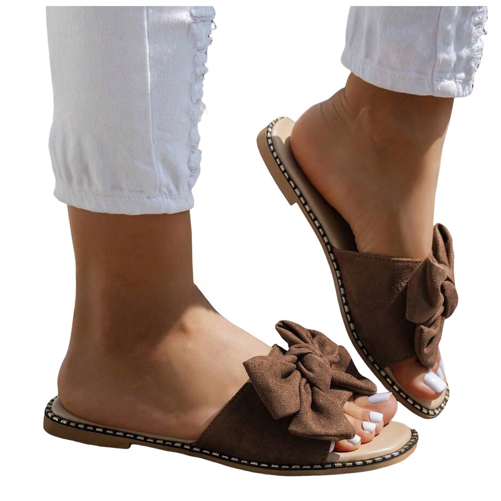 Rokment Flat Slip on Slides Sandals for Women Ladies 2026 Trendy Casual Bow Crochet Open Tow Low Heels Mules Summer Dress Slippers Vacation Brown Size 6