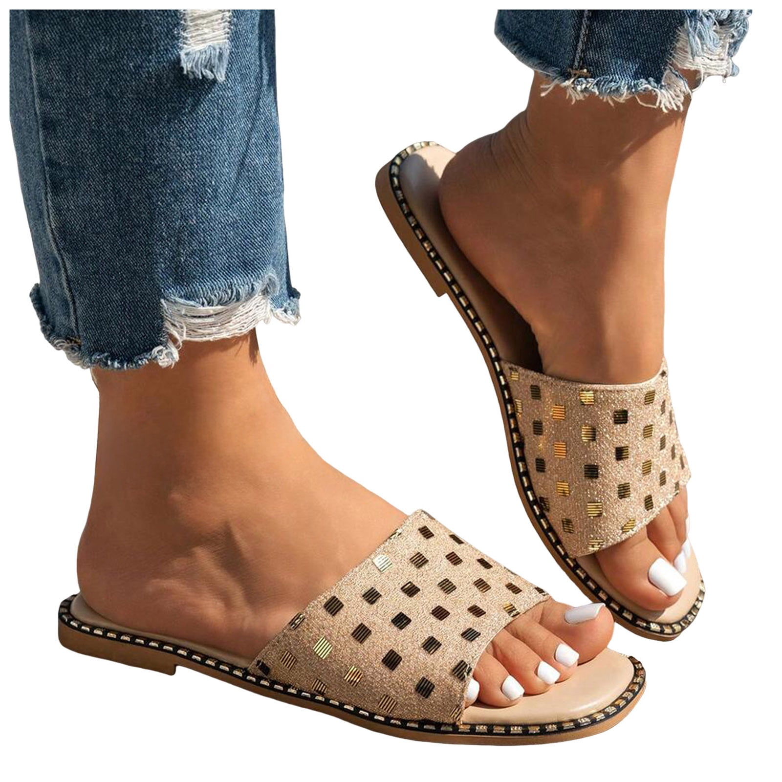Rokment Flat Slip on Slides Sandals for Women Ladies 2026 Trendy Casual Bow Crochet Open Tow Low Heels Mules Summer Dress Slippers Vacation Khaki Size 7