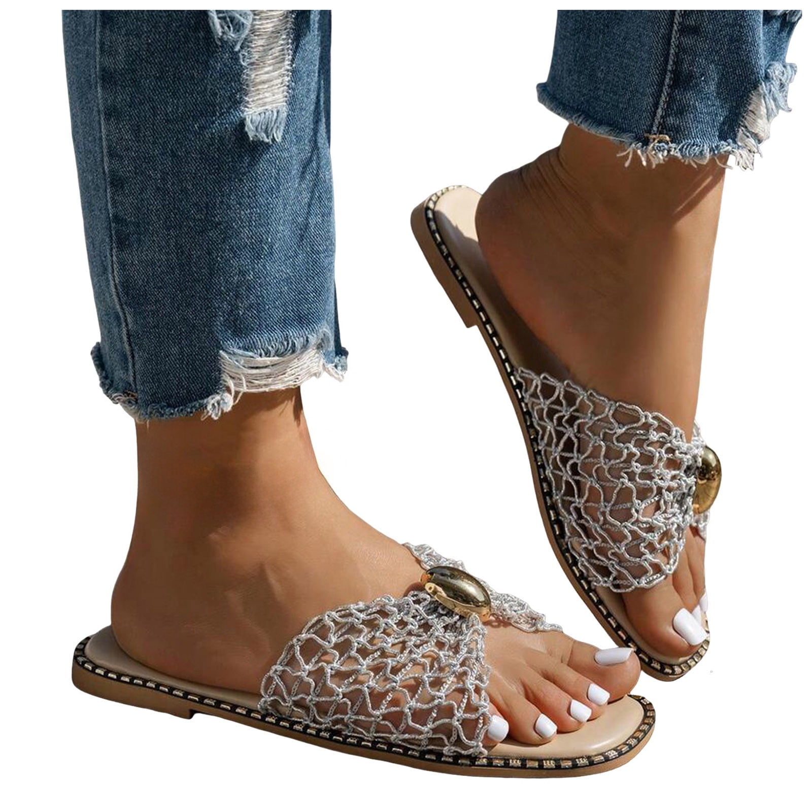 Rokment Flat Slip on Slides Sandals for Women Ladies 2026 Trendy Casual Bow Crochet Open Tow Low Heels Mules Summer Dress Slippers Vacation Silver Size 8