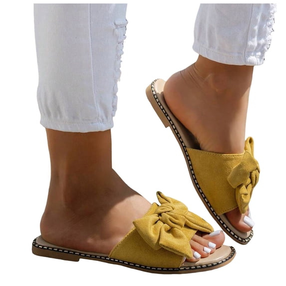 Rokment Flat Slip on Slides Sandals for Women Ladies 2026 Trendy Casual Bow Crochet Open Tow Low Heels Mules Summer Dress Slippers Vacation Yellow Size 6.5