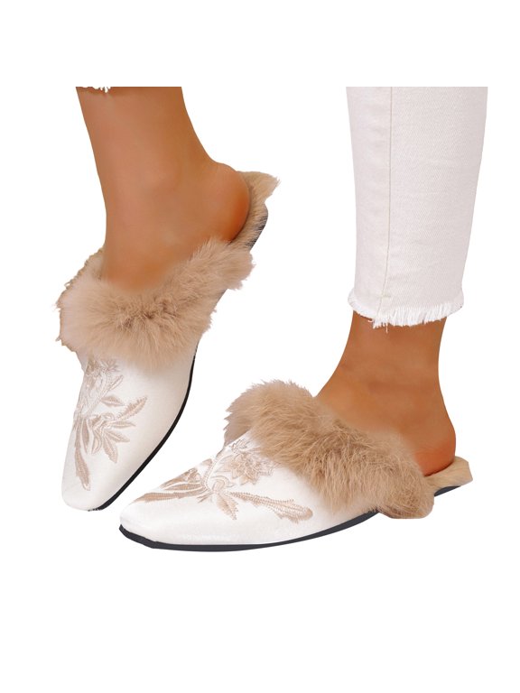 Floral Embroidered Fuzzy Mules Dress Flat Slippers for Women Retro Casual Plush Slip on Backless Fall Winter Casual Booties Indoor Outdoor Boho