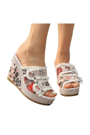 Floral Fringed Denim Platform Wedge Heeled Sandals for Women Trendy Casual Leopard Canvas Buckles Espadrilles Chunky Heels Slides Dress Backless Slippers 2026 Summer Beige Size 7