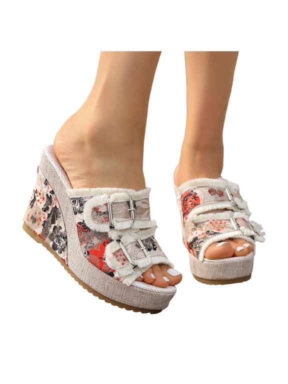 Floral Fringed Denim Platform Wedge Heeled Sandals for Women Trendy Casual Leopard Canvas Buckles Espadrilles Chunky Heels Slides Dress Backless Slippers 2026 Summer Beige Size 7.5