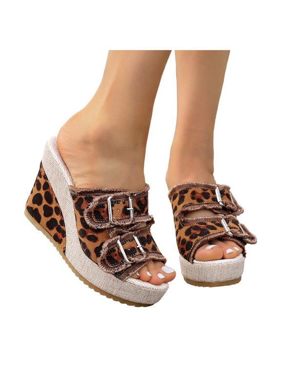 Floral Fringed Denim Platform Wedge Heeled Sandals for Women Trendy Casual Leopard Canvas Buckles Espadrilles Chunky Heels Slides Dress Backless Slippers 2026 Summer Brown Size 7.5