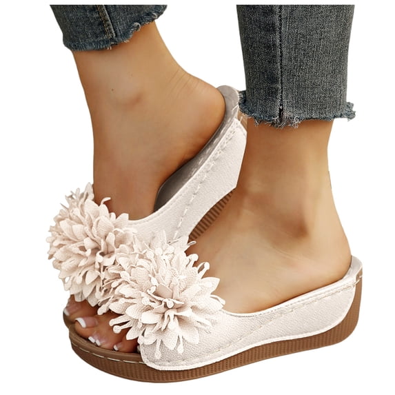 Rokment Floral Platform Wedge Dress Slippers Sandals for Women Bohemian Leather Open Toe Chunky Heeled Slides Orthopetic Dressy Slip on Bride Wedding Light Pink Size 7