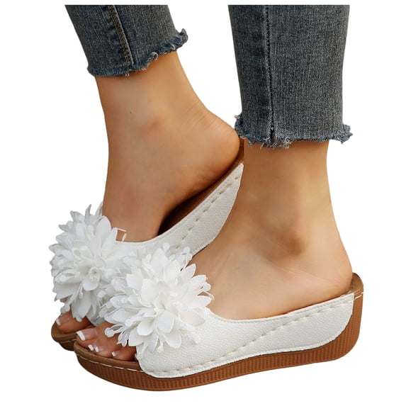 Rokment Floral Platform Wedge Dress Slippers Sandals for Women Bohemian Leather Open Toe Chunky Heeled Slides Orthopetic Dressy Slip on Bride Wedding White Size 8