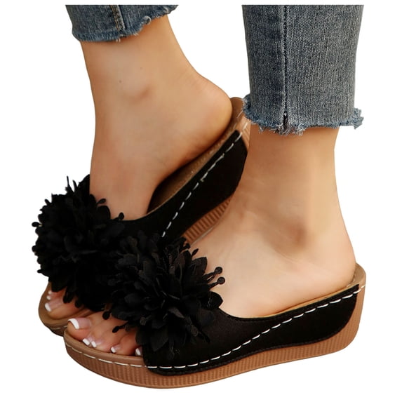 Rokment Floral Platform Wedge Dress Slippers Sandals for Women Bohemian Leather Open Toe Chunky Heeled Slides Orthopetic Dressy Slip on Bride Wedding Black Size 6.5
