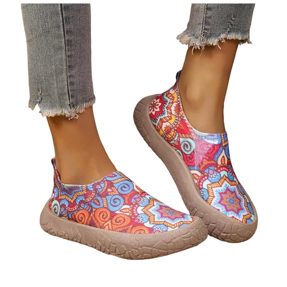Rokment Floral Slip on Chunky Flat Walking Shoes for Women Boho Casual Wide Feet Non Slip Low Profile Fashion Sneakers Spring Fall Beach Garden