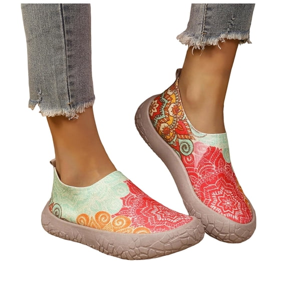 Rokment Floral Slip on Chunky Flat Walking Shoes for Women Boho Casual Wide Feet Non Slip Low Profile Fashion Sneakers Spring Fall Beach Garden