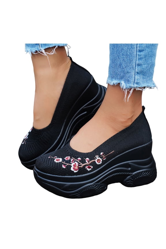 Flower Embroidery Chunky Wedge Heels Walking Shoes for Women Retro Fall Casual Platform Height Increasing Slip on Dress Loafers Nursing Sneakers Black Size 8.5