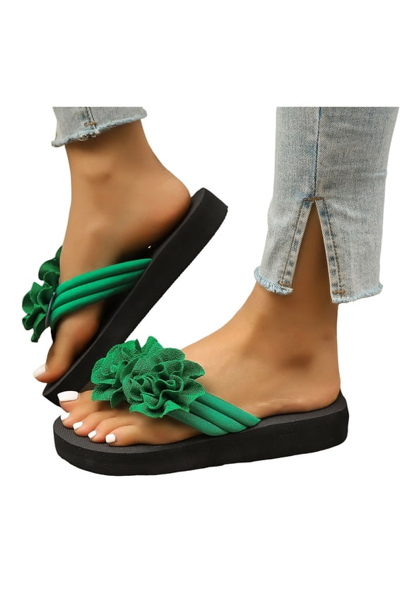Flower Flip Flops for Women 2026 Boho Beach Summer Fashion Casual Thongs Slip on Flat Sandals Travel Memory Foam Slides Slippers Vacation Green Size 7