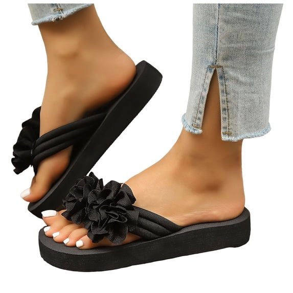 Rokment Flower Flip Flops for Women 2026 Boho Beach Summer Fashion Casual Thongs Slip on Flat Sandals Travel Memory Foam Slides Slippers Vacation Black Size 6.5