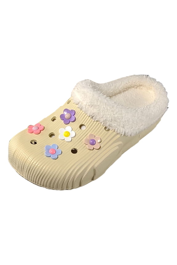 Flower Fuzzy Clogs for Women Winter Fashion Fleece Lined Warm Lightweight Slip on Garden Shoes Indoor Outdoor Mules Slippers Beige Size 9