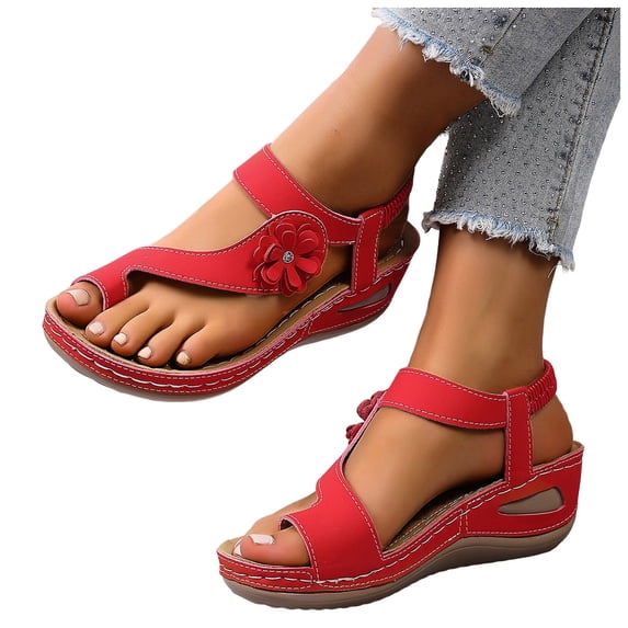 Rokment Flower Orthopedic Wedges Flip Flops for Women Boho Beach Comfortable Arch Support Ortho Platform Walking Sandals Casual Chunky High Heels Slingback Dressy Summer Shoes Red Size 6.5
