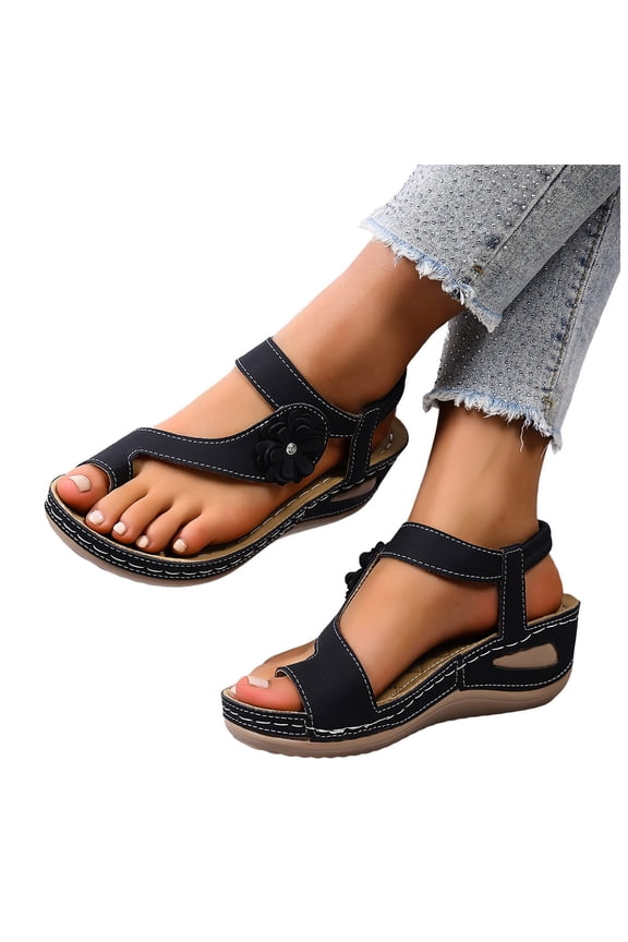 Flower Orthopedic Wedges Flip Flops for Women Boho Beach Comfortable Arch Support Ortho Platform Walking Sandals Casual Chunky High Heels Slingback Dressy Summer Shoes Black Size 7