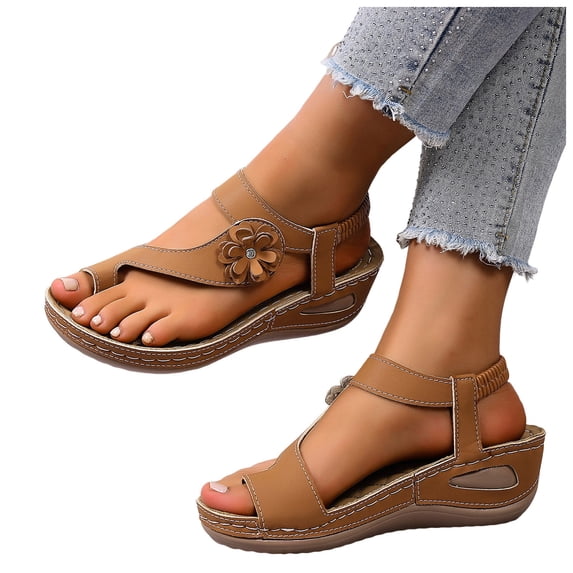 Rokment Flower Orthopedic Wedges Flip Flops for Women Boho Beach Comfortable Arch Support Ortho Platform Walking Sandals Casual Chunky High Heels Slingback Dressy Summer Shoes Brown Size 9