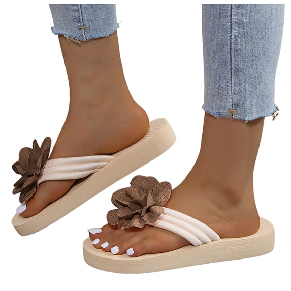 Rokment Flower Platform Flip Flops for Women Beach Boho Comfortale Chunky Mid Heel Memory Foam Slip on Dress Sandals Waterproof Quick-Dry Slides Slippers Indoor Outdoor Brown Size 6