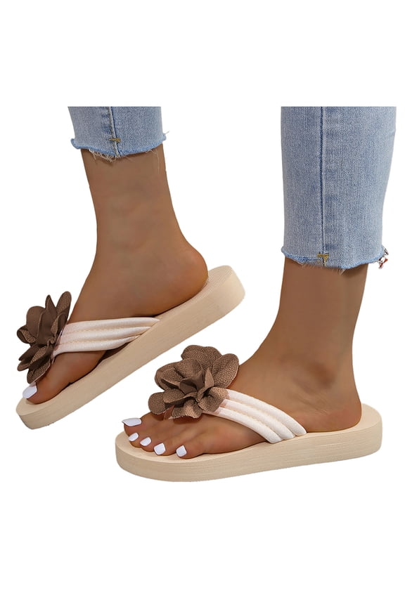 Flower Platform Flip Flops for Women Beach Boho Comfortale Chunky Mid Heel Memory Foam Slip on Dress Sandals Waterproof Quick-Dry Slides Slippers Indoor Outdoor Brown Size 10