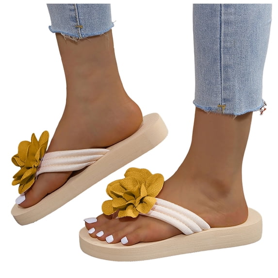 Rokment Flower Platform Flip Flops for Women Beach Boho Comfortale Chunky Mid Heel Memory Foam Slip on Dress Sandals Waterproof Quick-Dry Slides Slippers Indoor Outdoor Yellow Size 6.5